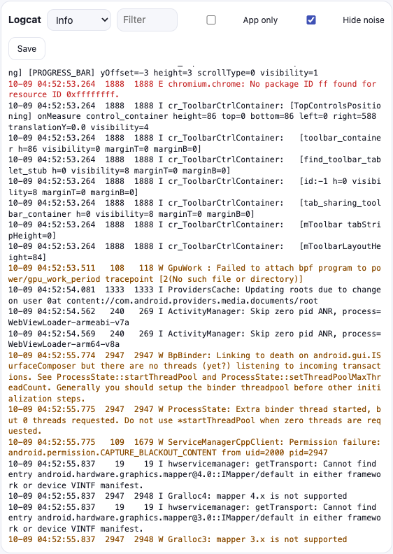 Logcat panel with level filter, text filter and app-only switch