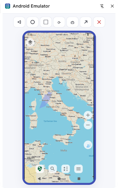 Organic Maps APK running on a cloud Android device in Chrome's side panel